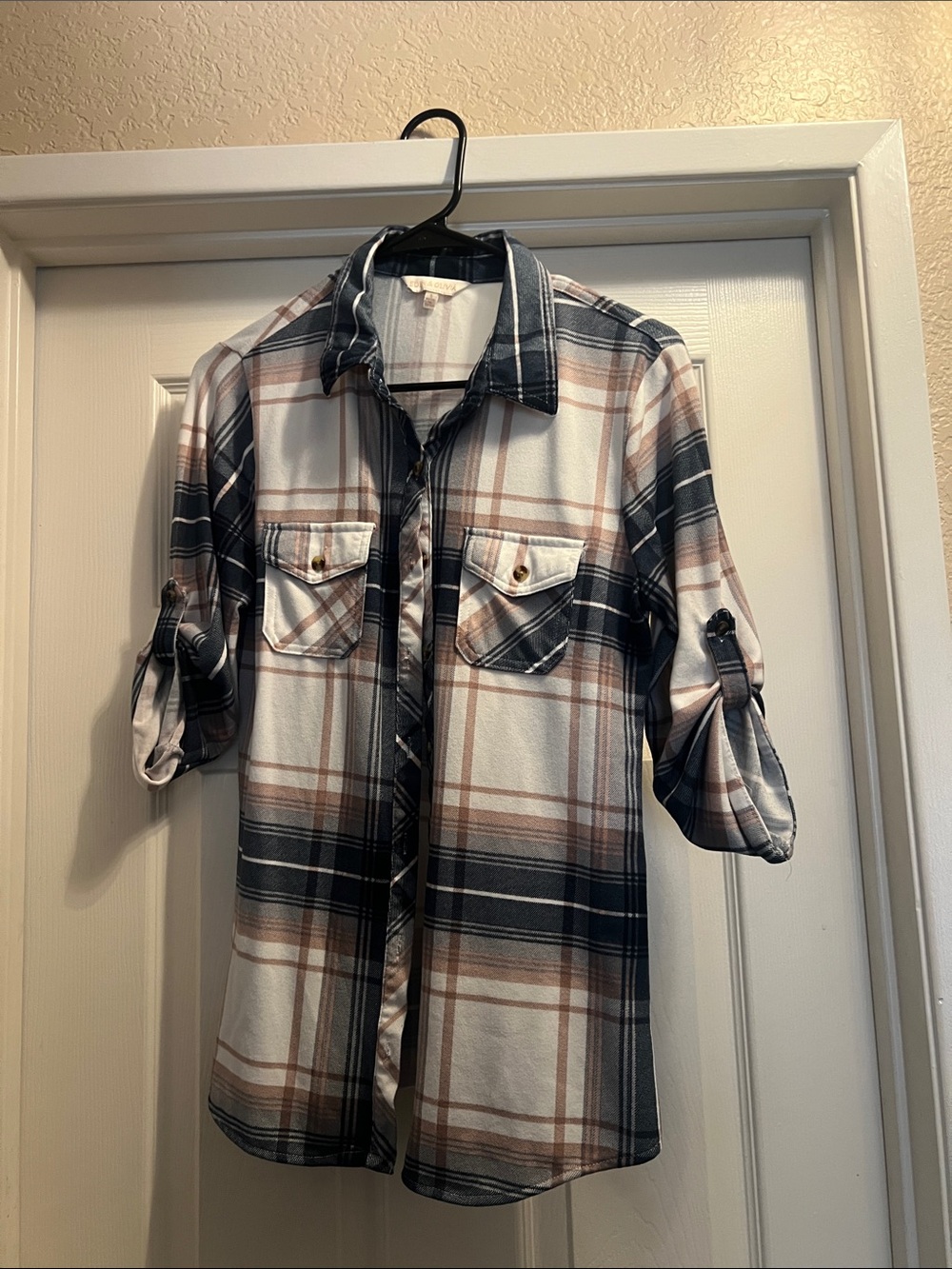 Plaid Button-Front Shirt — Cream, Navy & Light Pink